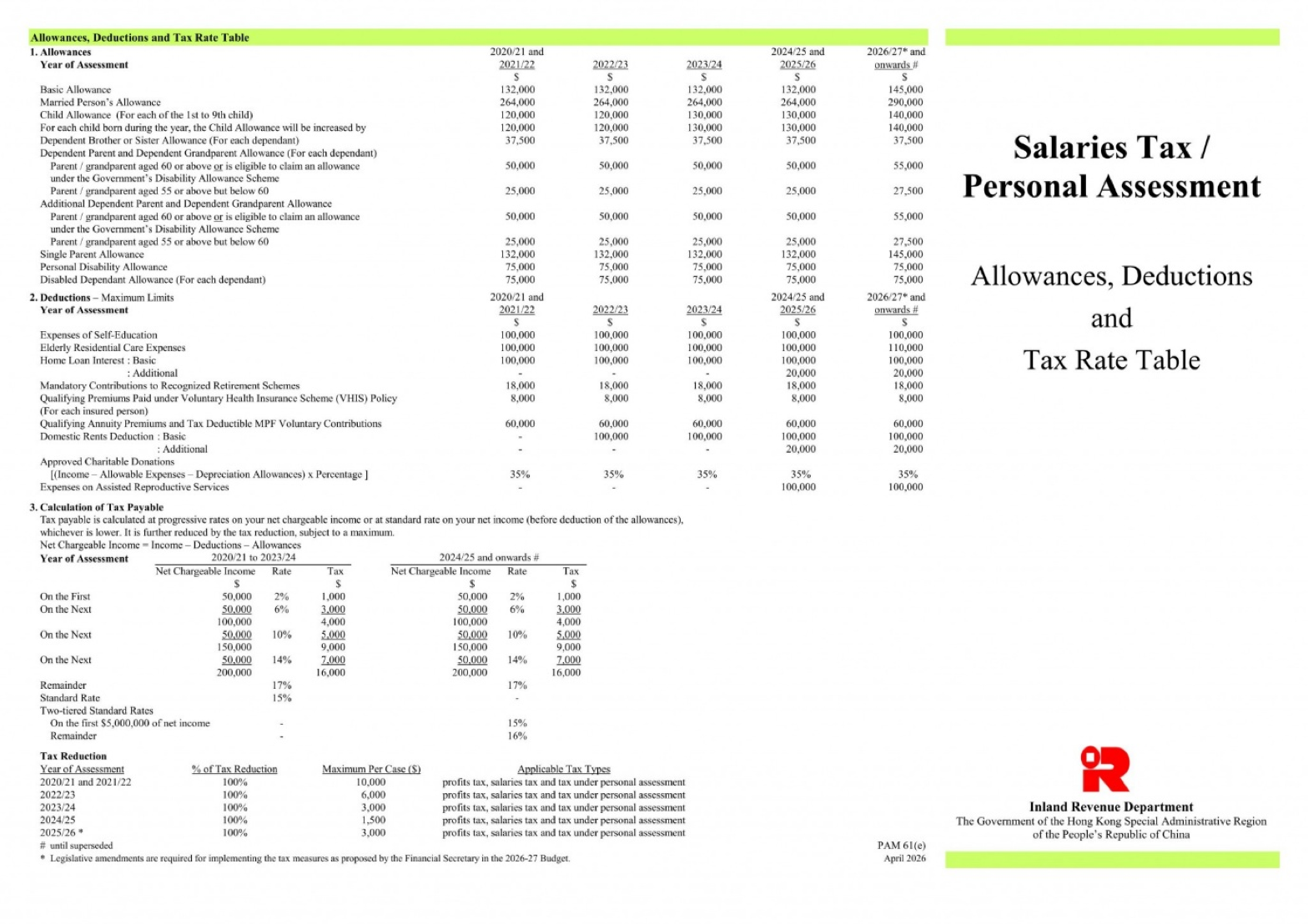 Salaries Tax / Personal Assessment allowances, deductions and tax rate table